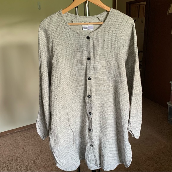 Flax Dresses & Skirts - Flax 100% Linen Button Front Long Sleeve Dress Heathered Gray Large L